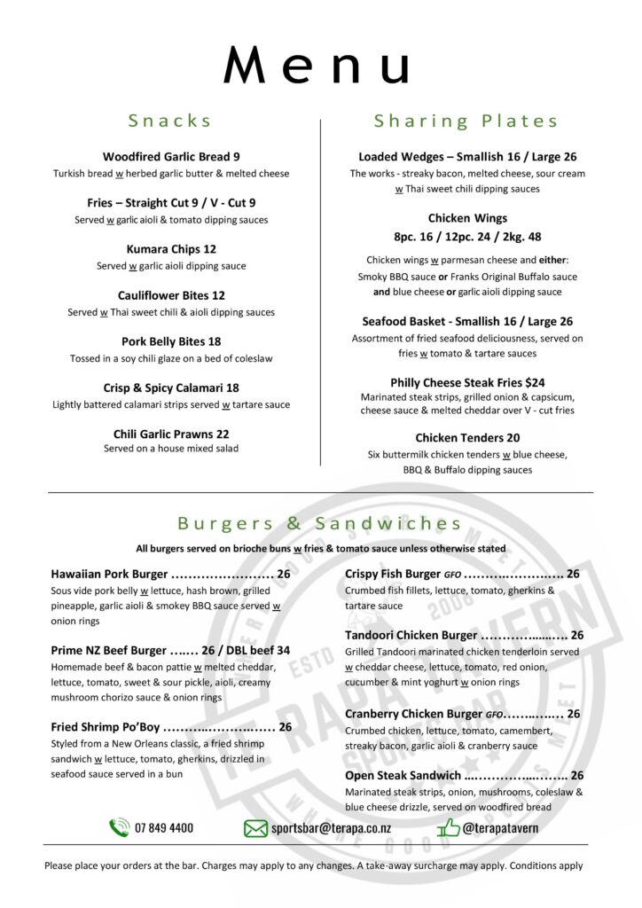 All Menus – Te Rapa Tavern Sports Bar